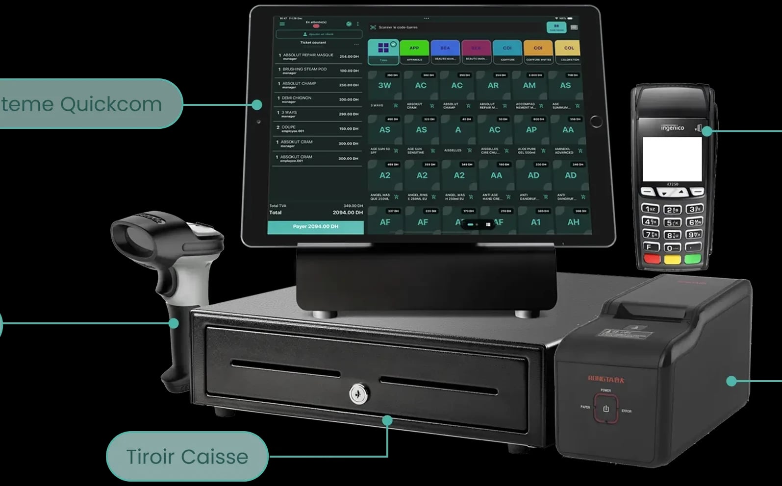 QuickCom, logiciel de caisse enregistreuse N°1 au Maroc sur iPad et Android, avec tiroir-caisse, imprimante thermique, TPE et scanner code-barres